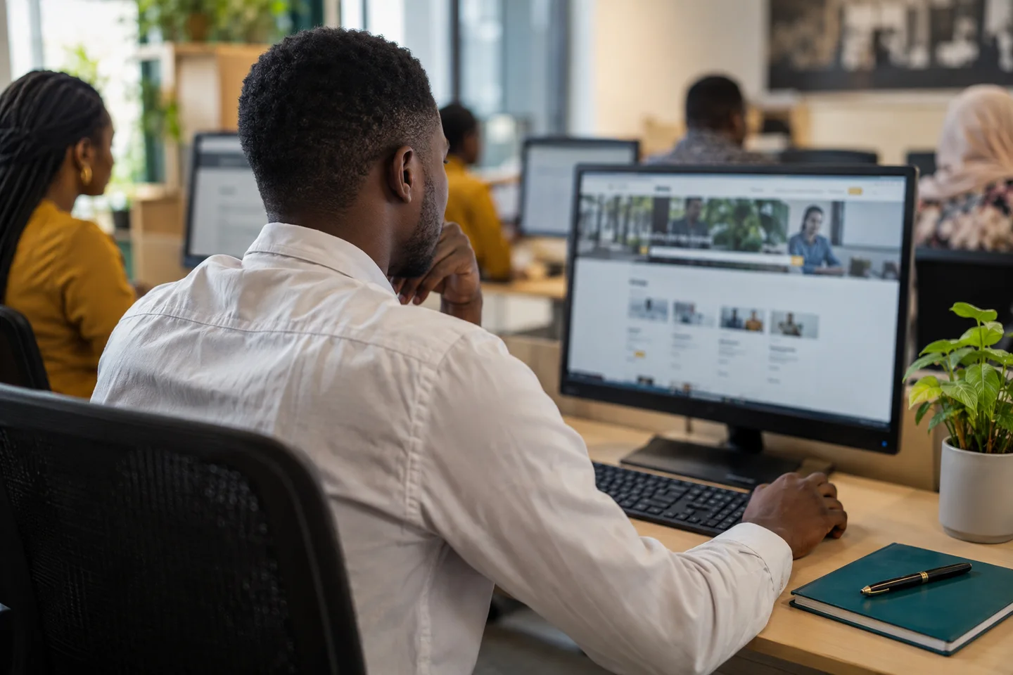 Editorial illustration: A man using a desktop computer in a shared office.