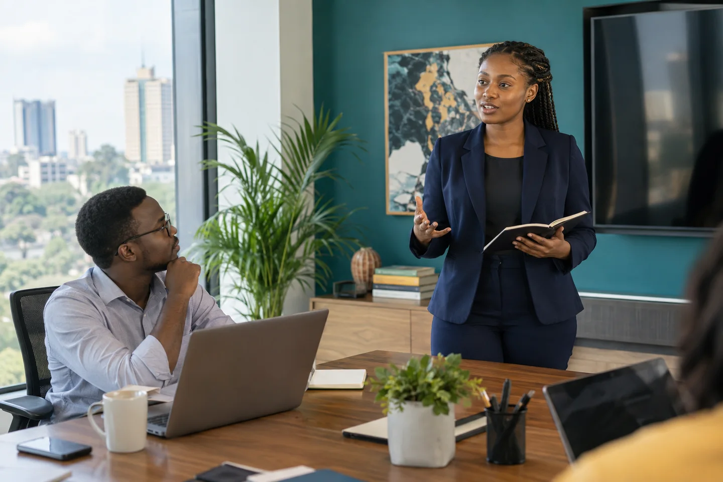 Editorial illustration: A young professional presenting to two colleagues.