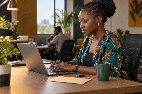 Editorial illustration: A woman typing an application on a laptop.