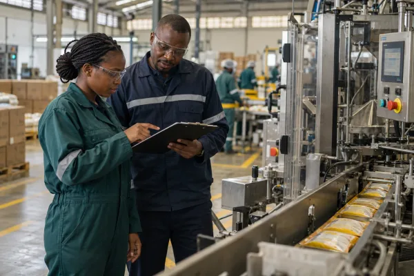 Editorial illustration: Two factory workers reviewing a checklist at a production line.