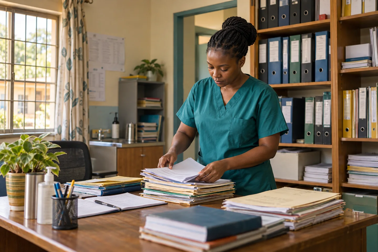 Editorial illustration: A healthcare worker arranging records at a desk.