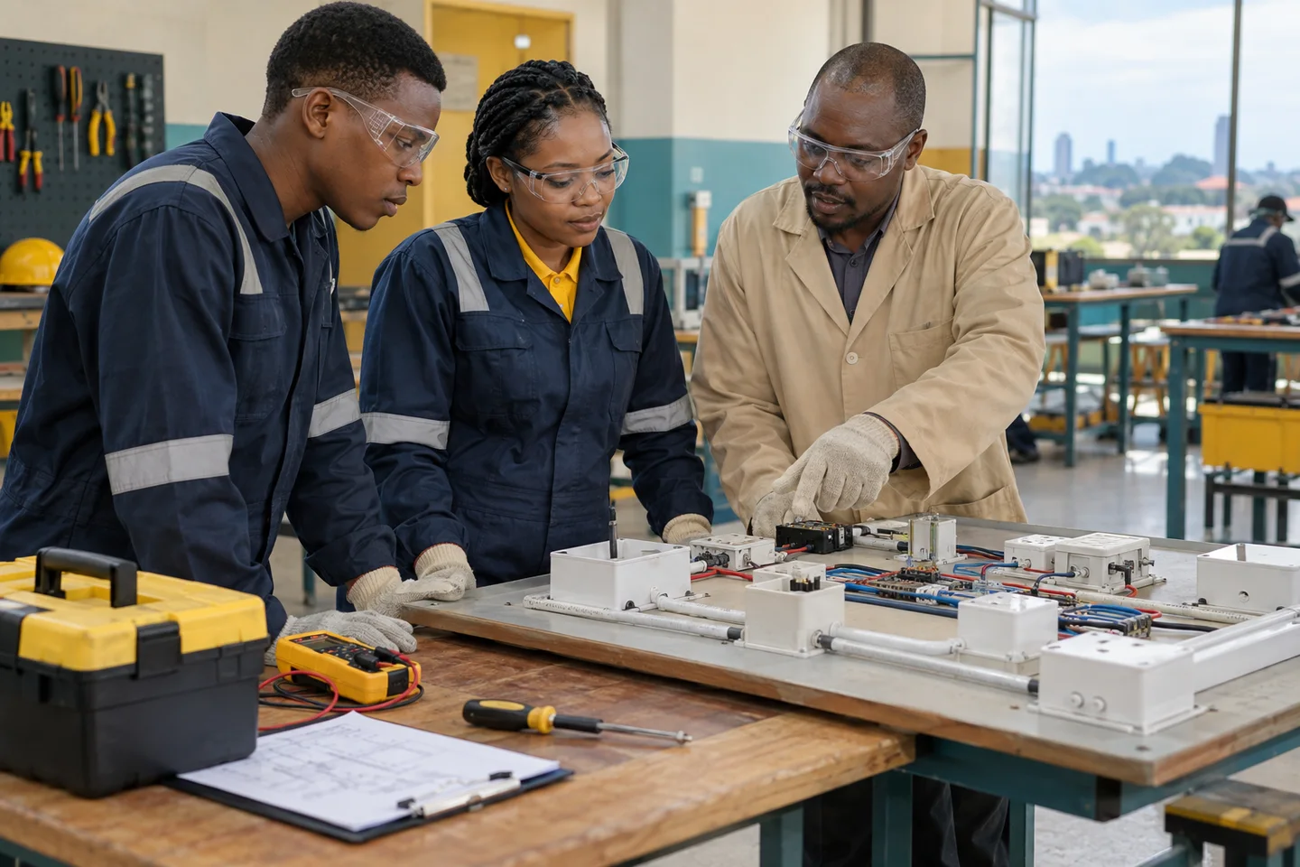 Editorial illustration: Technical trainees and a mentor inspecting an electrical panel.