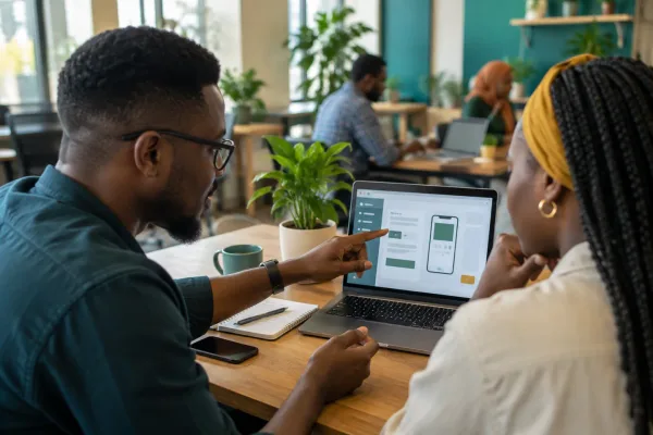 Editorial illustration: Two colleagues reviewing a mobile app design on a laptop.