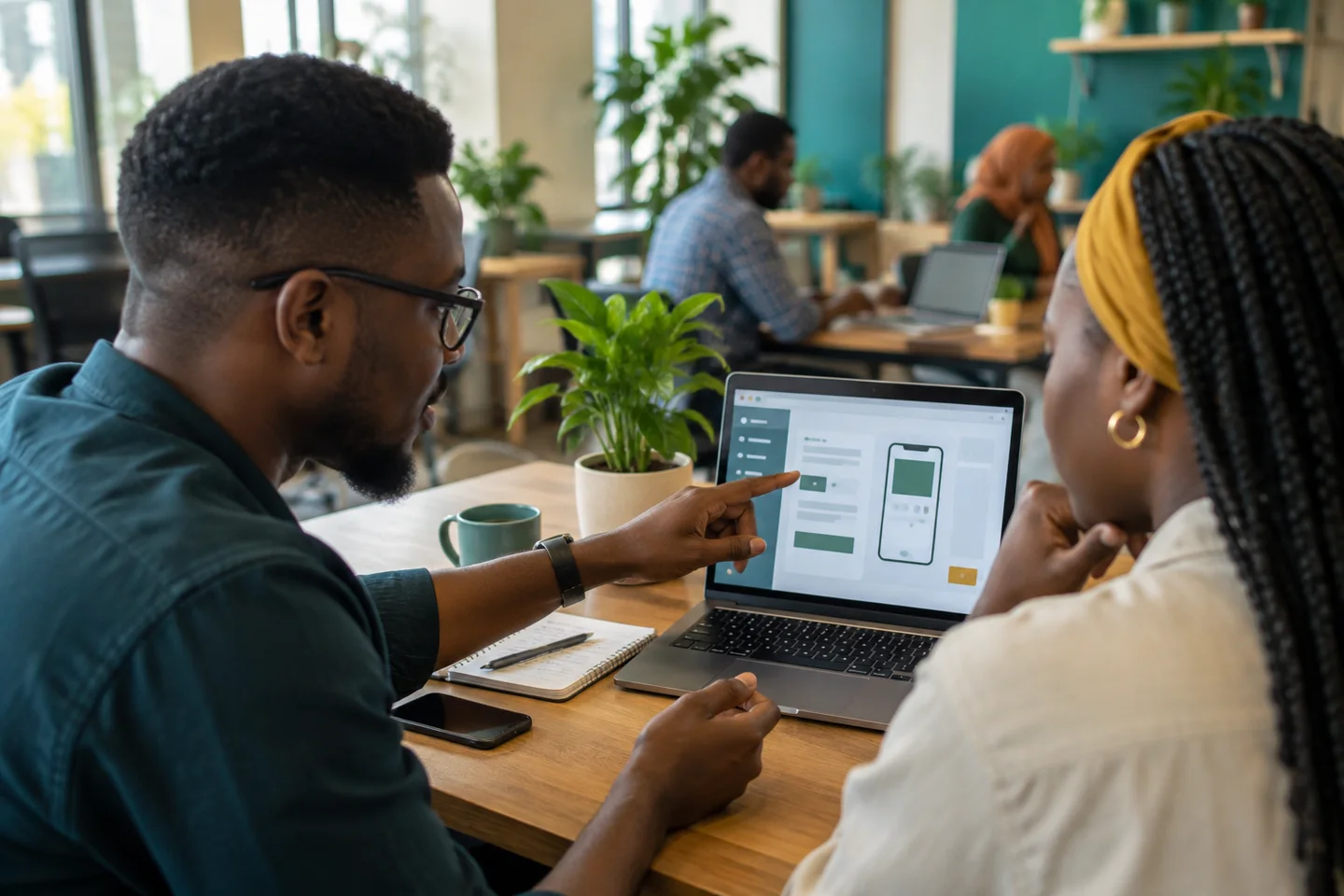 Picha ya mfano: Wenzake wawili wakikagua muundo wa programu kwenye kompyuta.