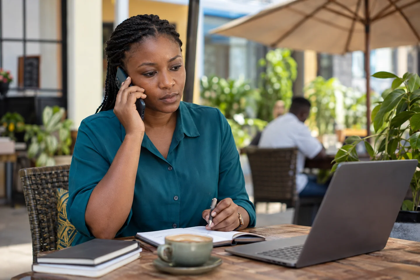 Editorial illustration: A woman making a phone call with a notebook nearby.