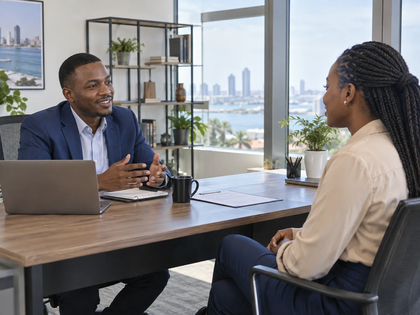 Editorial illustration: A candidate speaking with an interviewer across a desk.