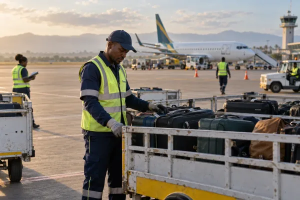 Editorial illustration: Ground crew handling luggage beside an aircraft.