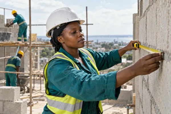 Editorial illustration: A construction worker measuring a wall.