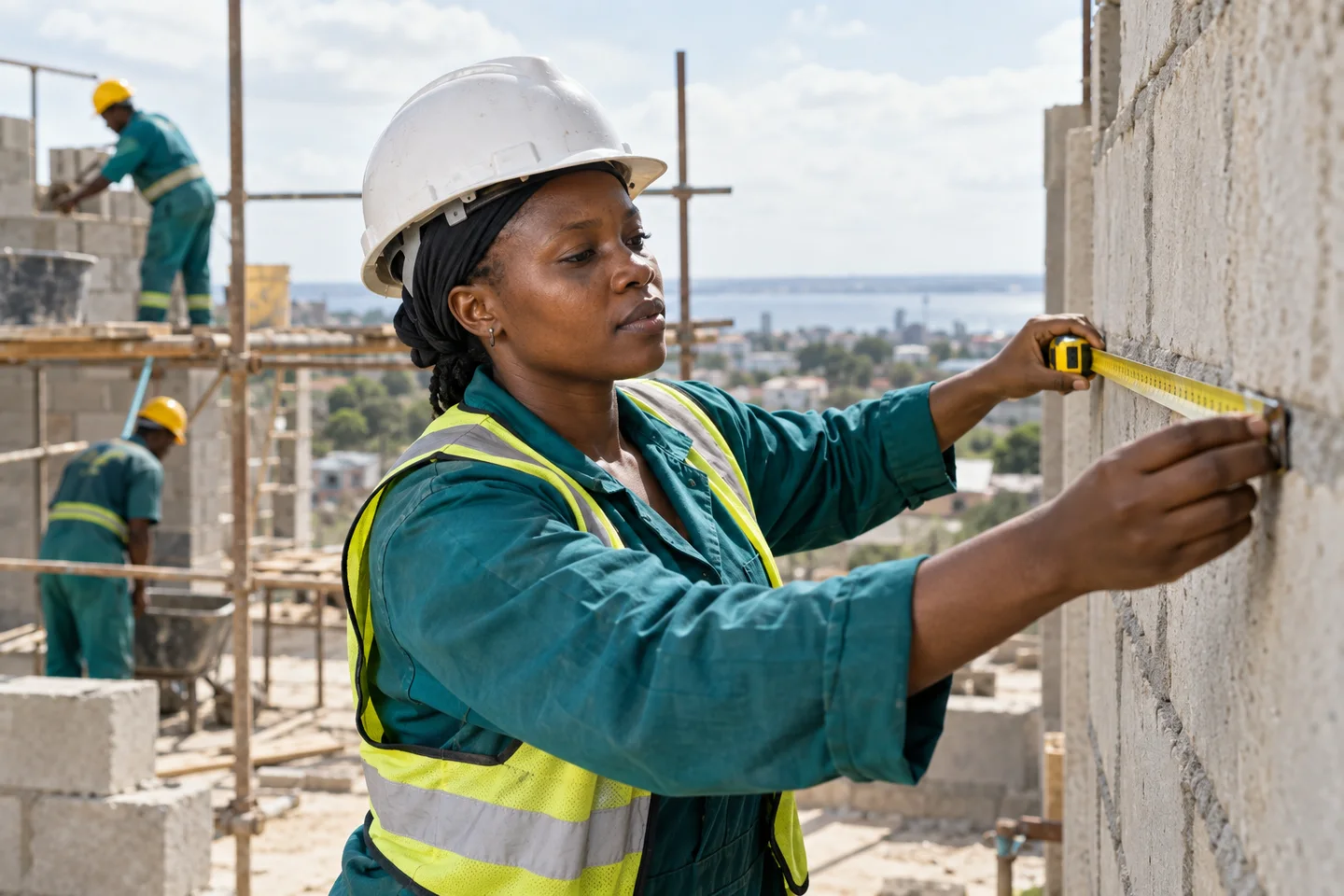 Editorial illustration: A construction worker measuring a wall.