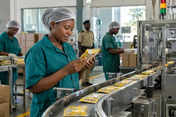 Editorial illustration: A factory worker inspecting packaging on a production line.