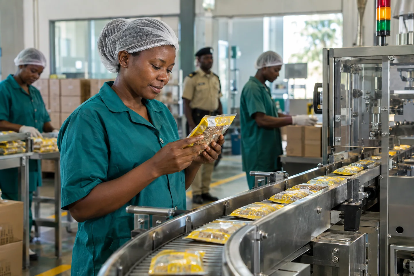 Editorial illustration: A factory worker inspecting packaging on a production line.