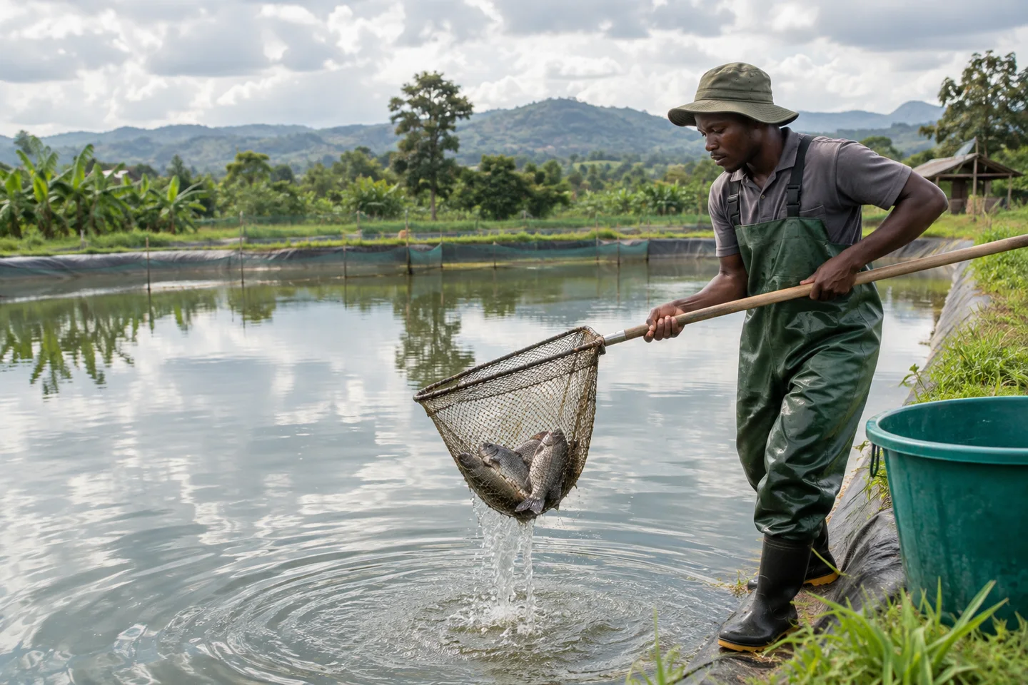 Editorial illustration: A fish farm worker holding a net beside a pond.