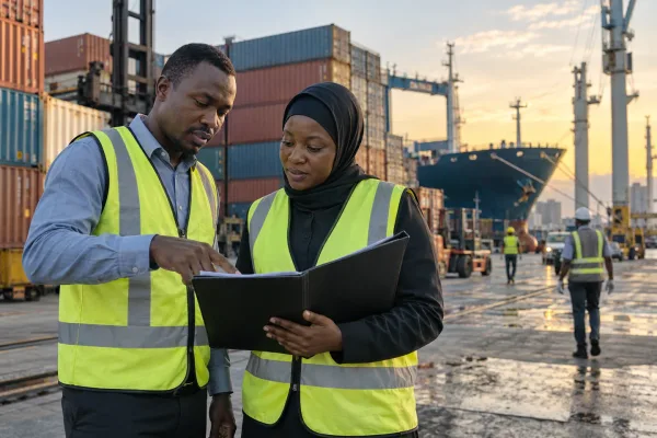 Editorial illustration: Two freight workers reviewing a folder at a container port.
