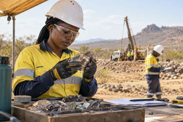 Editorial illustration: A mining worker examining a rock sample.