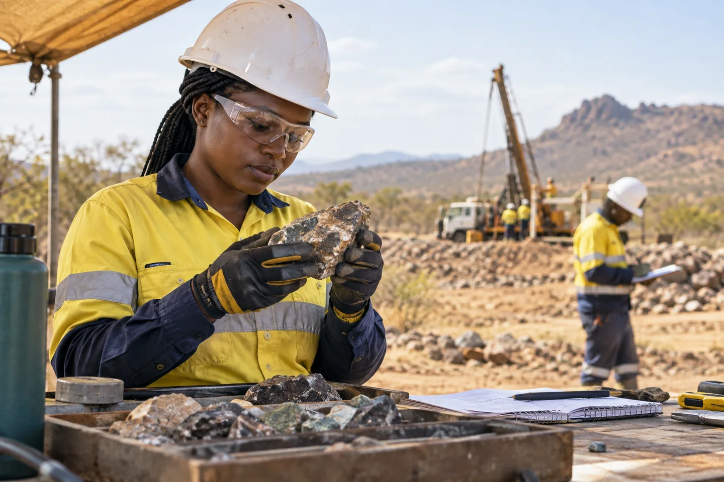 Editorial illustration: A mining worker examining a rock sample.
