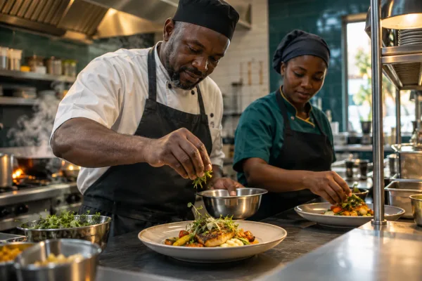 Editorial illustration: Two chefs arranging food on plates in a kitchen.