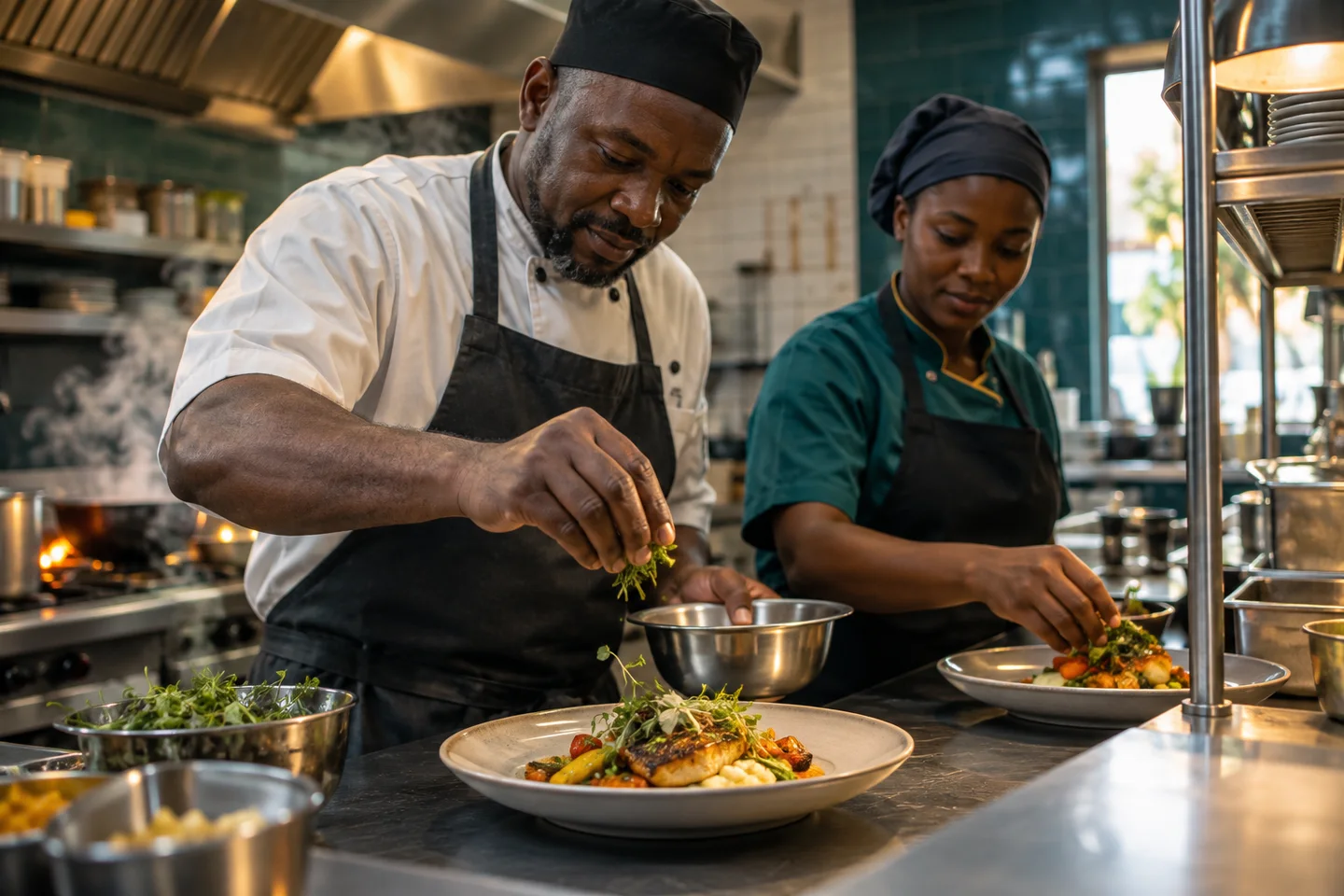 Editorial illustration: Two chefs arranging food on plates in a kitchen.
