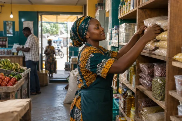 Picha ya mfano: Mfanyakazi wa duka akipanga mifuko ya nafaka.