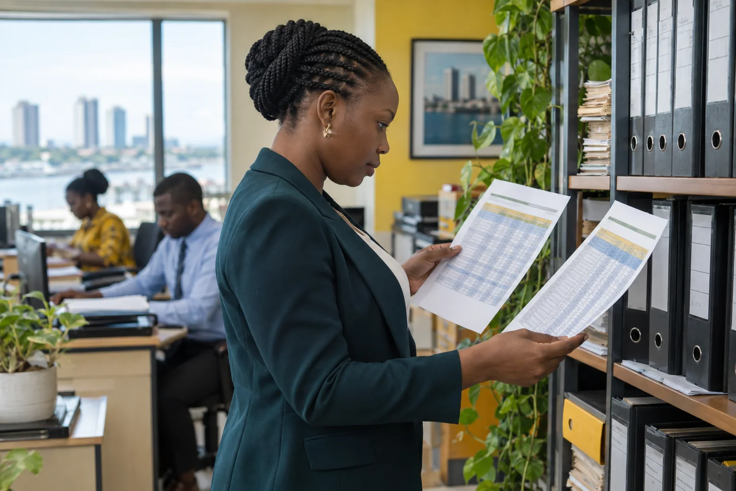 Editorial illustration: A woman comparing printed tables beside office files.