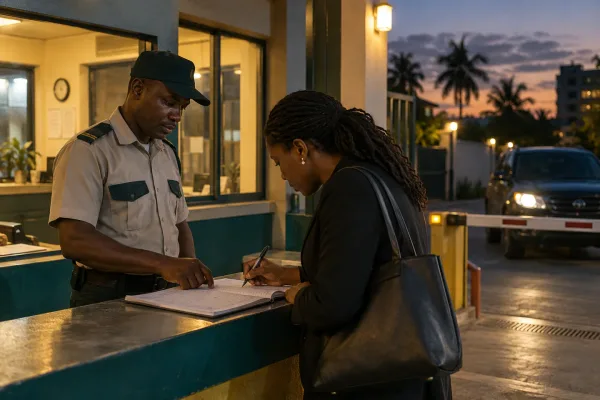 Editorial illustration: A security guard completing a visitor register at a gate.