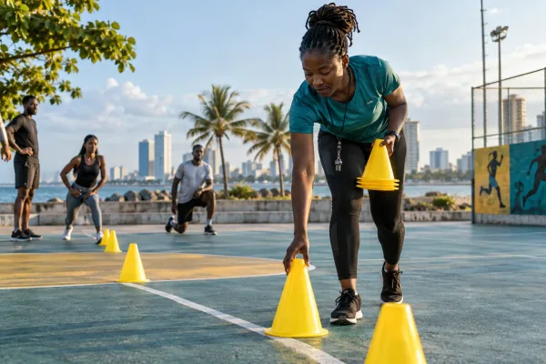 Editorial illustration: A sports coach setting out cones on a court.