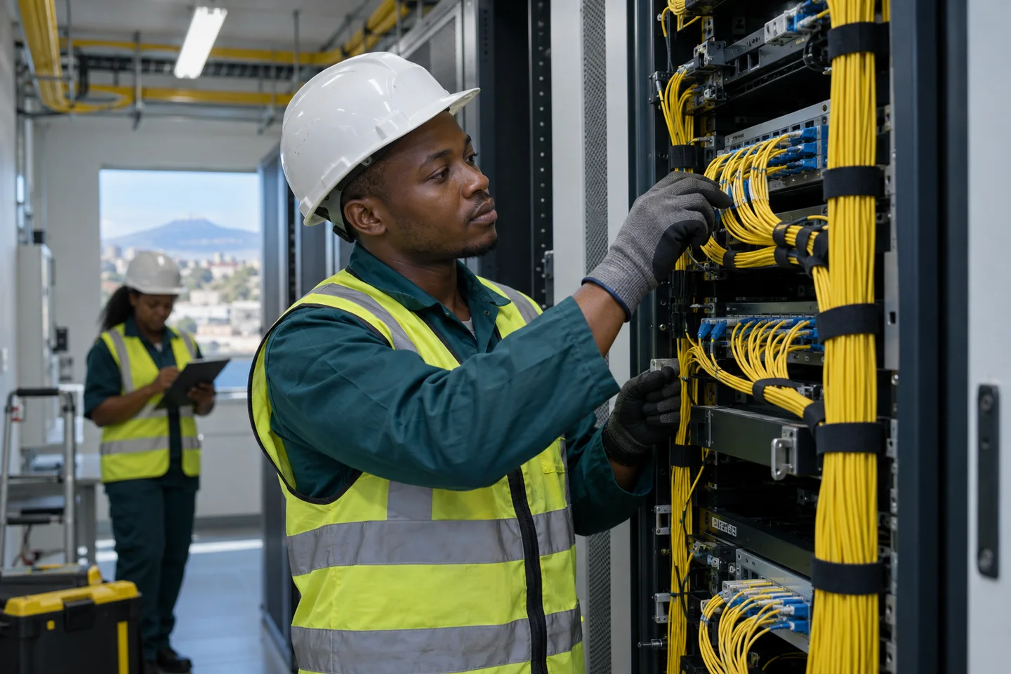 Editorial illustration: A technician connecting cables in a network rack.