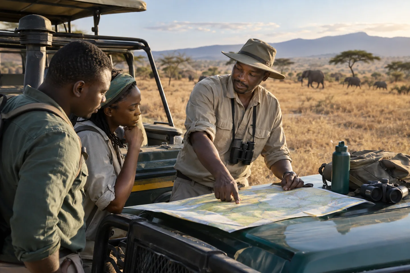 Editorial illustration: A tour guide pointing to a map beside a safari vehicle.