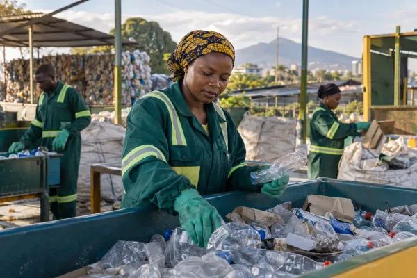 Editorial illustration: Workers sorting recyclable materials.