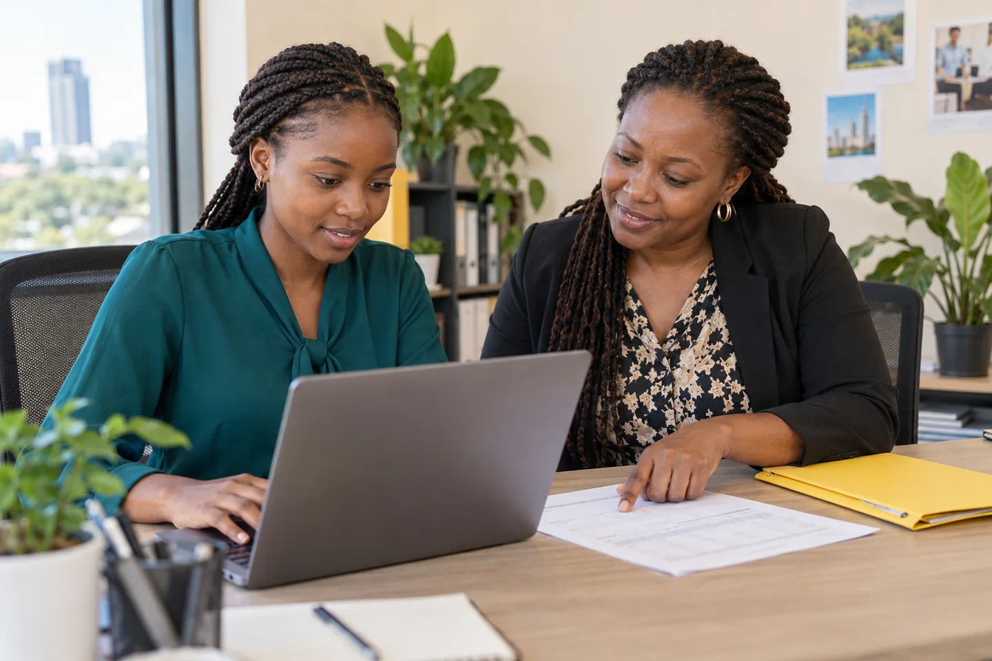 Editorial illustration: A young colleague and mentor reviewing a laptop.